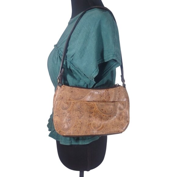 Y2K Boho Tooled Embossed Shoulder Bag Feminine Soho Micro Mini Bag Paisley Brown - Picture 1 of 5